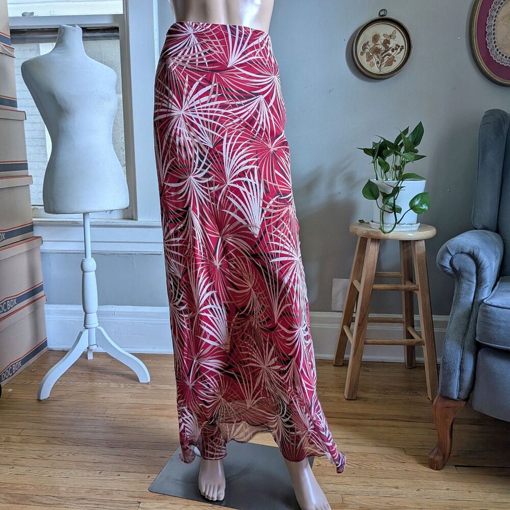 Vintage Y2K Willi Smith Silk Maxi Skirt Red Foliage Cottagecore Size 12